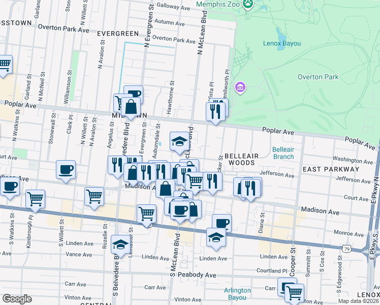 map of restaurants, bars, coffee shops, grocery stores, and more near 115 Barksdale Court in Memphis