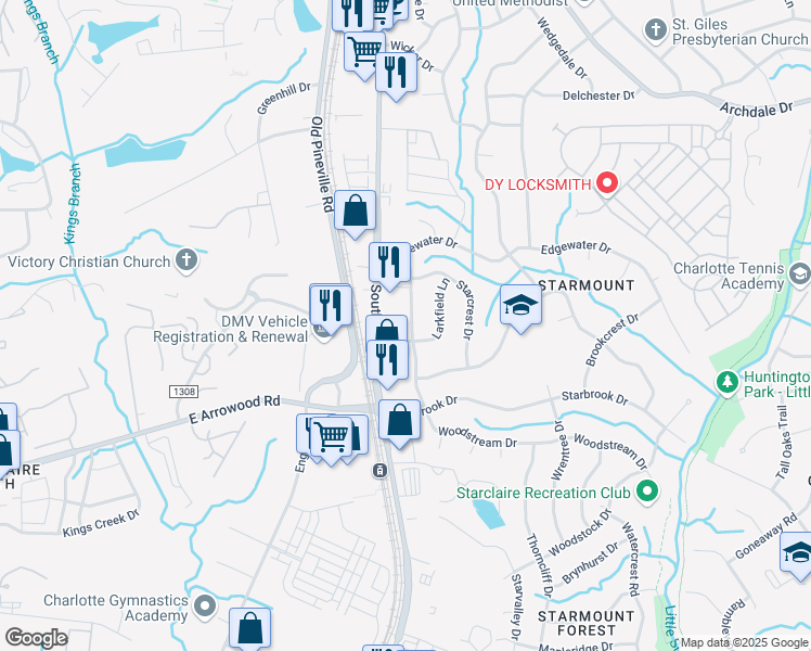 map of restaurants, bars, coffee shops, grocery stores, and more near 6742 Woodstream Drive in Charlotte