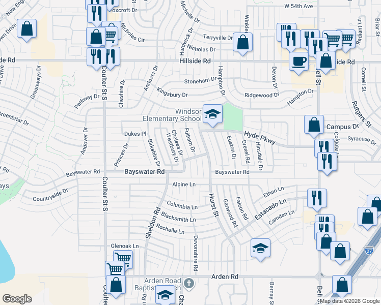 map of restaurants, bars, coffee shops, grocery stores, and more near 7036 Fulham Drive in Amarillo