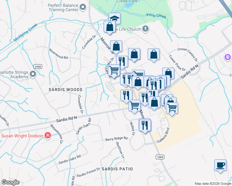 map of restaurants, bars, coffee shops, grocery stores, and more near 9601 Green Gable Court in Charlotte