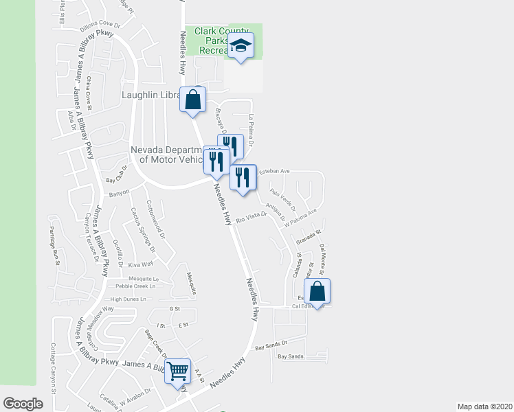 map of restaurants, bars, coffee shops, grocery stores, and more near 1804 Esteban Avenue in Laughlin