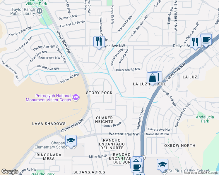 map of restaurants, bars, coffee shops, grocery stores, and more near 4948 Story Rock Street Northwest in Albuquerque