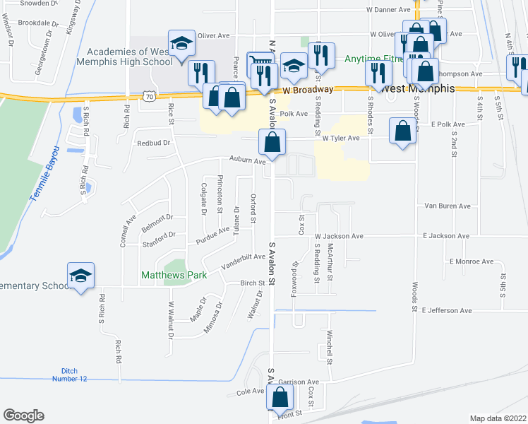 map of restaurants, bars, coffee shops, grocery stores, and more near 501 South Avalon Street in West Memphis
