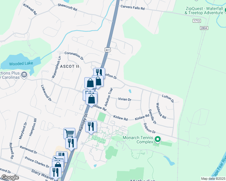 map of restaurants, bars, coffee shops, grocery stores, and more near 5822 Arbutus Trail in Fayetteville