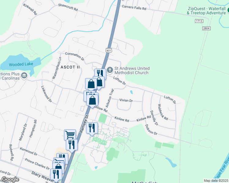 map of restaurants, bars, coffee shops, grocery stores, and more near 5822 Arbutus Trail in Fayetteville