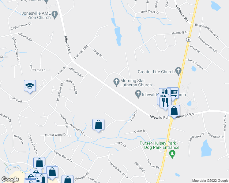 map of restaurants, bars, coffee shops, grocery stores, and more near 12496 Idlewild Road in Matthews