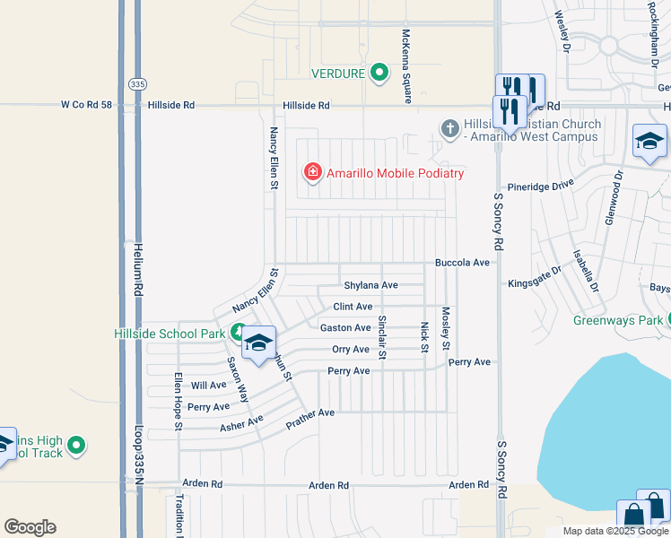 map of restaurants, bars, coffee shops, grocery stores, and more near 9309 Buccola Avenue in Amarillo