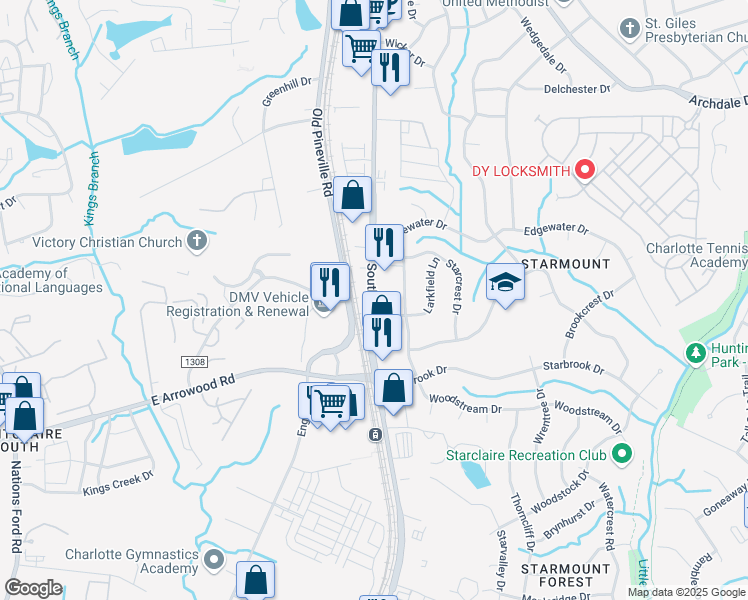 map of restaurants, bars, coffee shops, grocery stores, and more near 6826 East W T Harris Boulevard in Charlotte