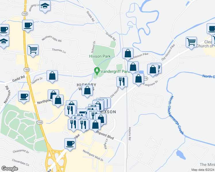map of restaurants, bars, coffee shops, grocery stores, and more near 5199 Gooden Lane in Chattanooga