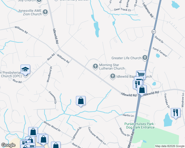 map of restaurants, bars, coffee shops, grocery stores, and more near 12496 Idlewild Road in Matthews