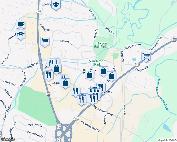 map of restaurants, bars, coffee shops, grocery stores, and more near 5229 Hickory Woods Lane in Chattanooga