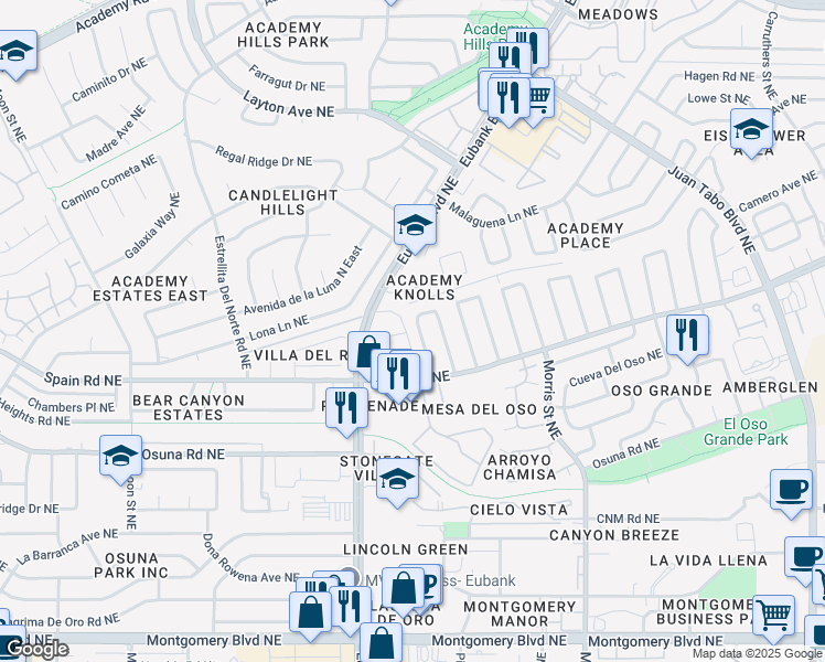 map of restaurants, bars, coffee shops, grocery stores, and more near 5329 Van Christopher Drive Northeast in Albuquerque