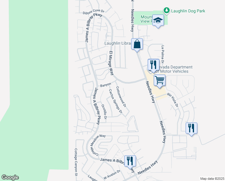 map of restaurants, bars, coffee shops, grocery stores, and more near 3134 Cactus Springs Drive in Laughlin
