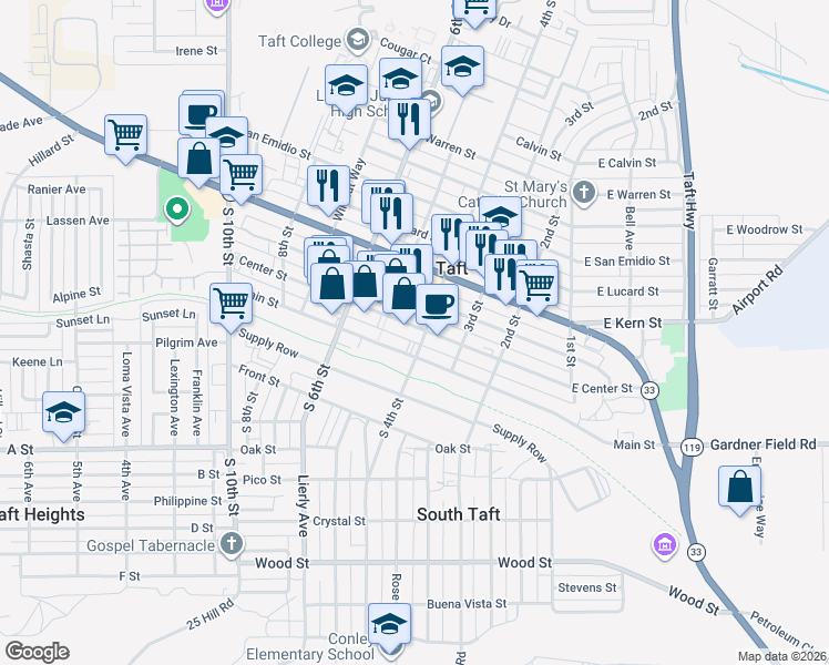 map of restaurants, bars, coffee shops, grocery stores, and more near 417 Center Street in Taft