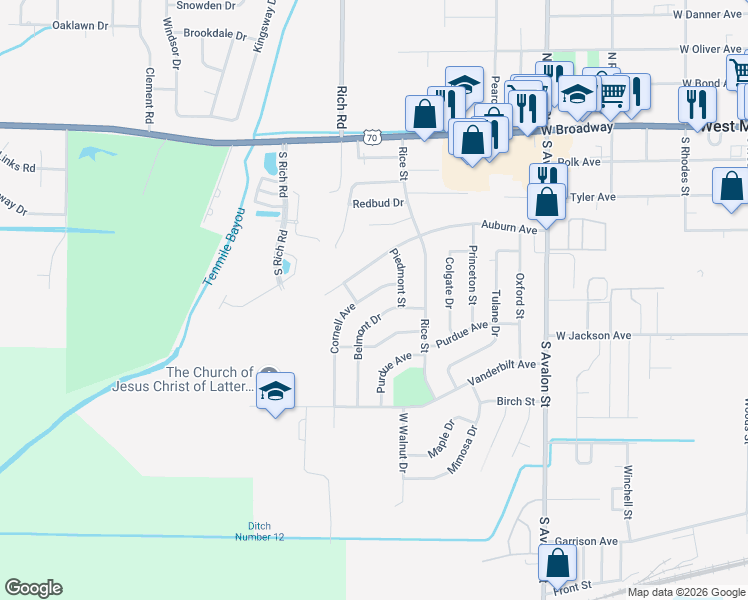 map of restaurants, bars, coffee shops, grocery stores, and more near 506 Cornell Avenue in West Memphis