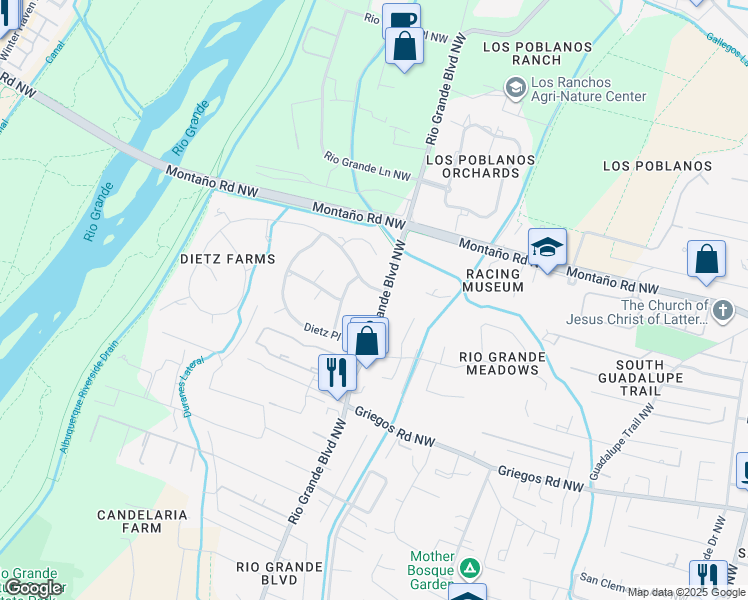 map of restaurants, bars, coffee shops, grocery stores, and more near 4131 Rio Grande Boulevard Northwest in Albuquerque