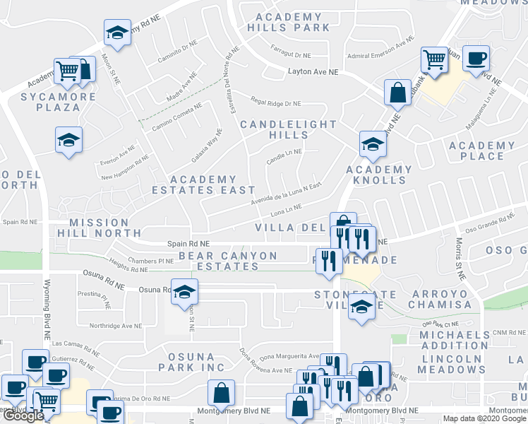 map of restaurants, bars, coffee shops, grocery stores, and more near 9401 Lona Lane Northeast in Albuquerque