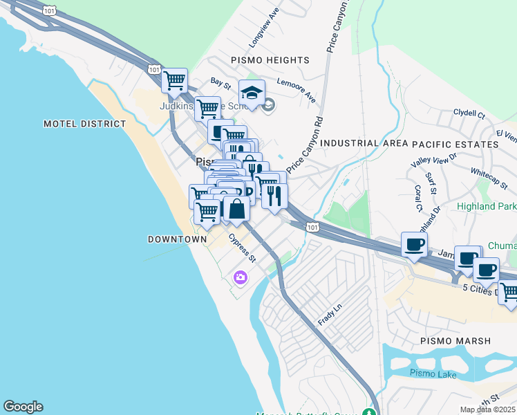 map of restaurants, bars, coffee shops, grocery stores, and more near in Pismo Beach