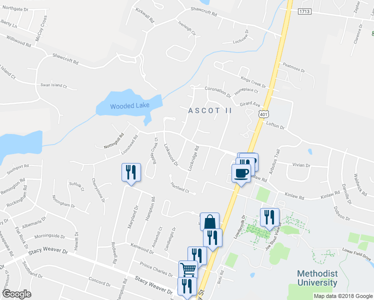 map of restaurants, bars, coffee shops, grocery stores, and more near 5590 Ashgrove Drive in Fayetteville