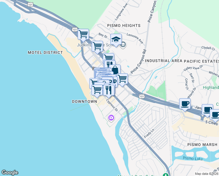 map of restaurants, bars, coffee shops, grocery stores, and more near 640 Dolliver Street in Pismo Beach