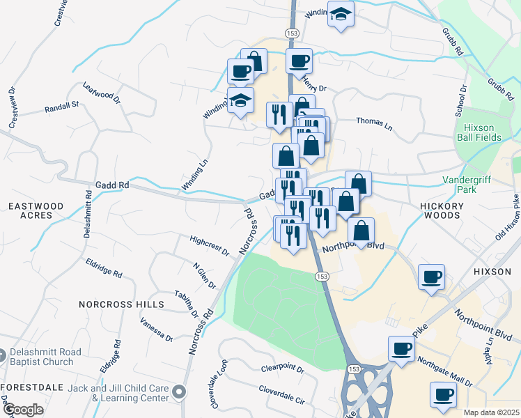 map of restaurants, bars, coffee shops, grocery stores, and more near 4717 Metro Park Lane in Chattanooga