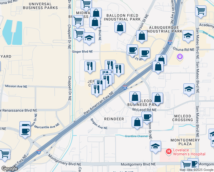 map of restaurants, bars, coffee shops, grocery stores, and more near 4959 Pan American Freeway Northeast in Albuquerque