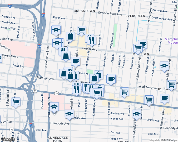 map of restaurants, bars, coffee shops, grocery stores, and more near 1414 Court Avenue in Memphis