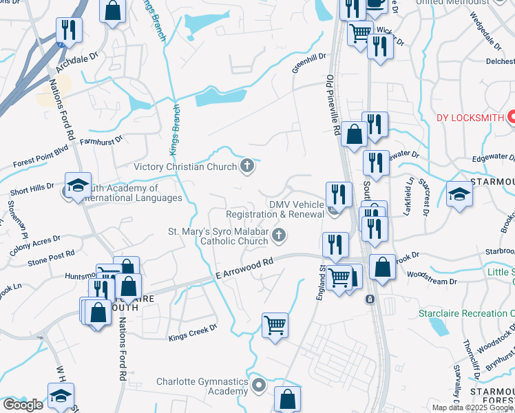 map of restaurants, bars, coffee shops, grocery stores, and more near 8735 Broomsage Lane in Charlotte