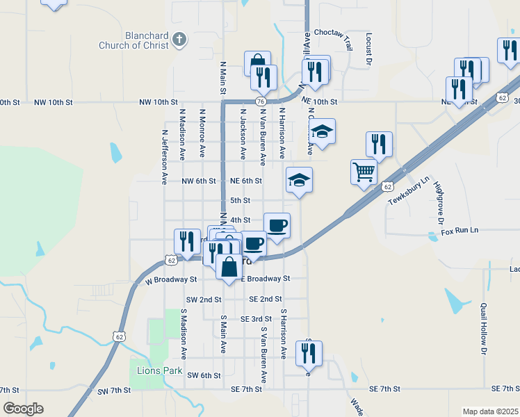 map of restaurants, bars, coffee shops, grocery stores, and more near 417 North Van Buren Avenue in Blanchard