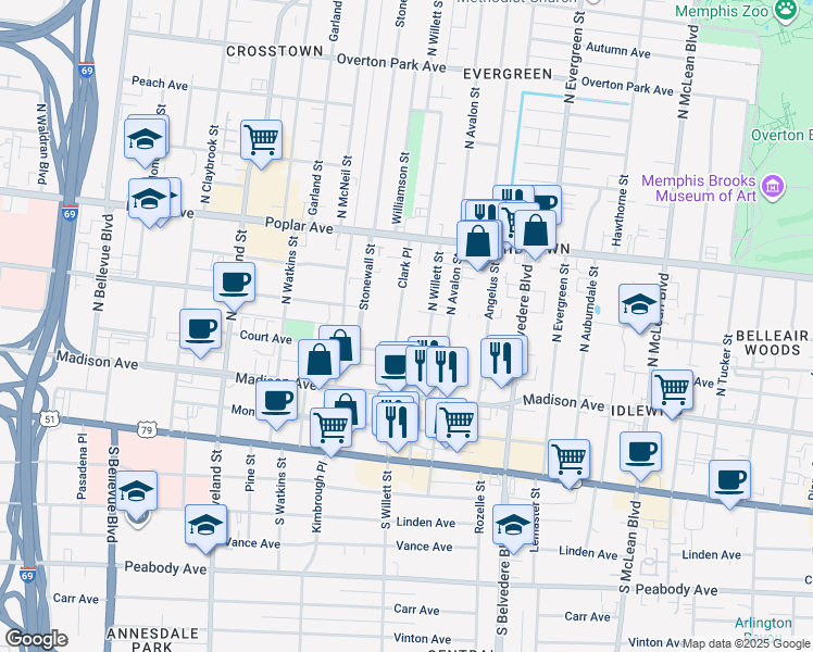 map of restaurants, bars, coffee shops, grocery stores, and more near 80 Clark Place in Memphis