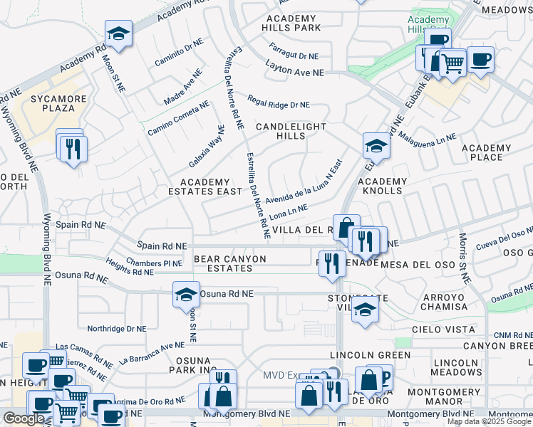 map of restaurants, bars, coffee shops, grocery stores, and more near 9405 Lona Lane Northeast in Albuquerque