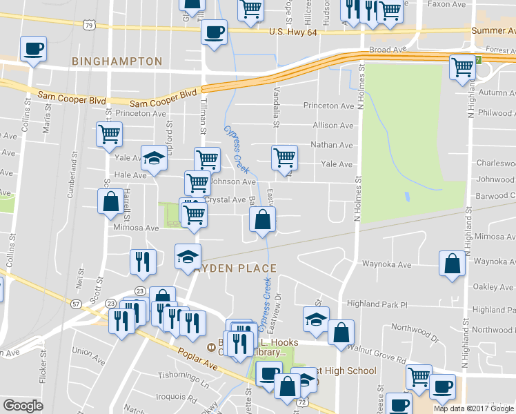 map of restaurants, bars, coffee shops, grocery stores, and more near 300 Baltic Street in Memphis