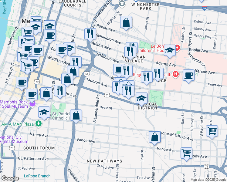 map of restaurants, bars, coffee shops, grocery stores, and more near 607 Monroe Avenue in Memphis