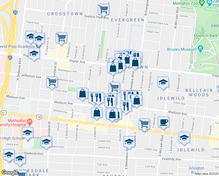 map of restaurants, bars, coffee shops, grocery stores, and more near 88 North Willett Street in Memphis