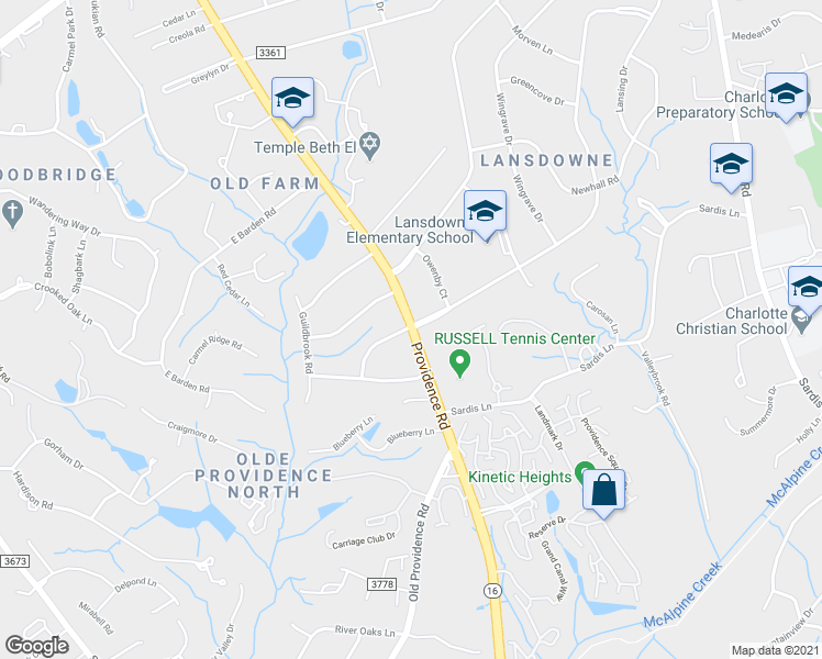 map of restaurants, bars, coffee shops, grocery stores, and more near Providence Rd & Folger Dr in Charlotte