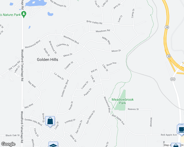 map of restaurants, bars, coffee shops, grocery stores, and more near 19730 Kid Place in Tehachapi