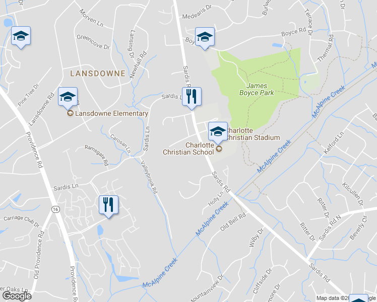 map of restaurants, bars, coffee shops, grocery stores, and more near 7310 Sardis Road in Charlotte