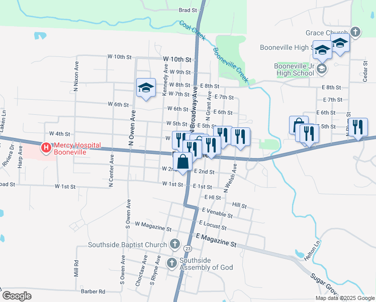 map of restaurants, bars, coffee shops, grocery stores, and more near 1 West Main Street in Booneville
