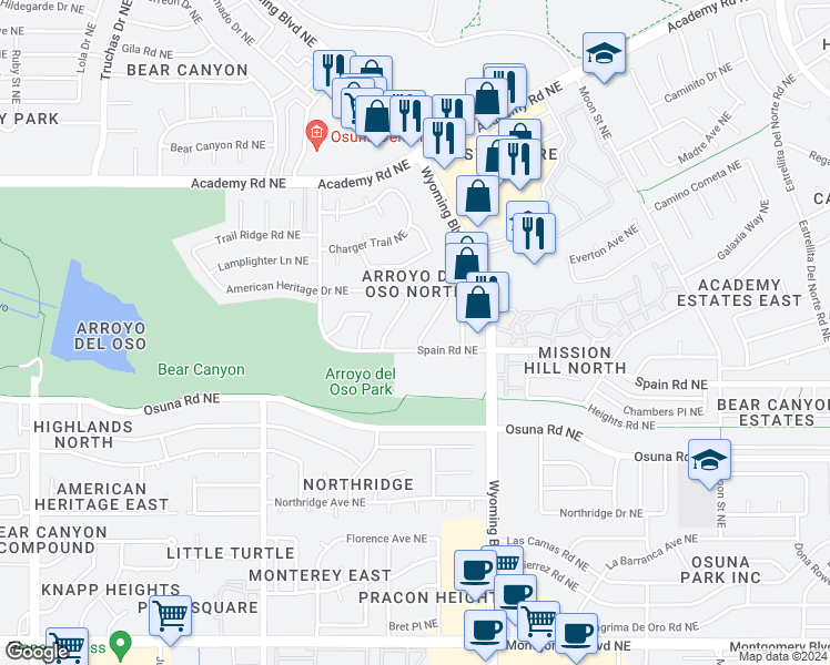 map of restaurants, bars, coffee shops, grocery stores, and more near 5309 Heritage Way Northeast in Albuquerque