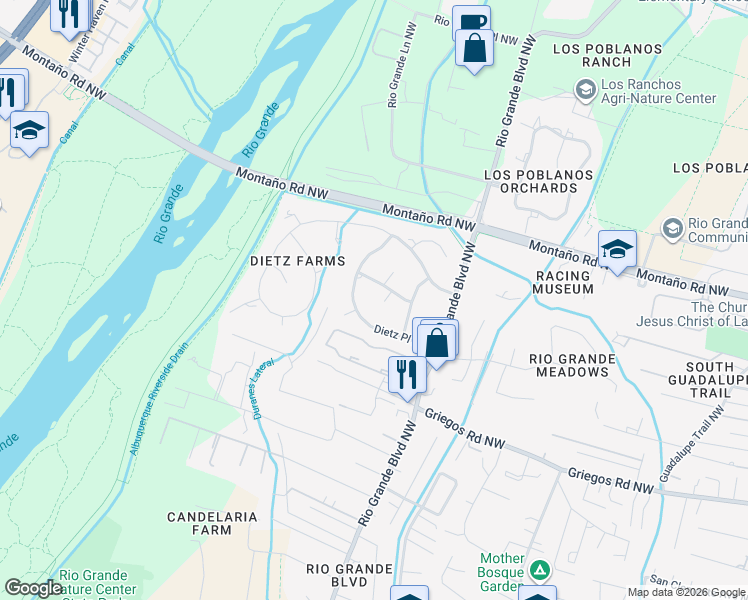 map of restaurants, bars, coffee shops, grocery stores, and more near 4103 Ravenwood Court Northwest in Albuquerque