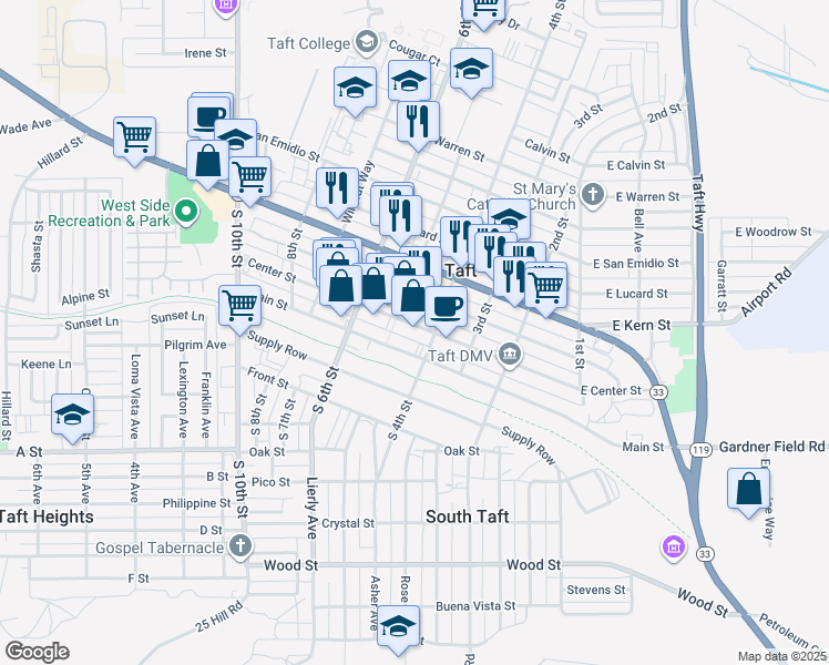 map of restaurants, bars, coffee shops, grocery stores, and more near 417 Center Street in Taft