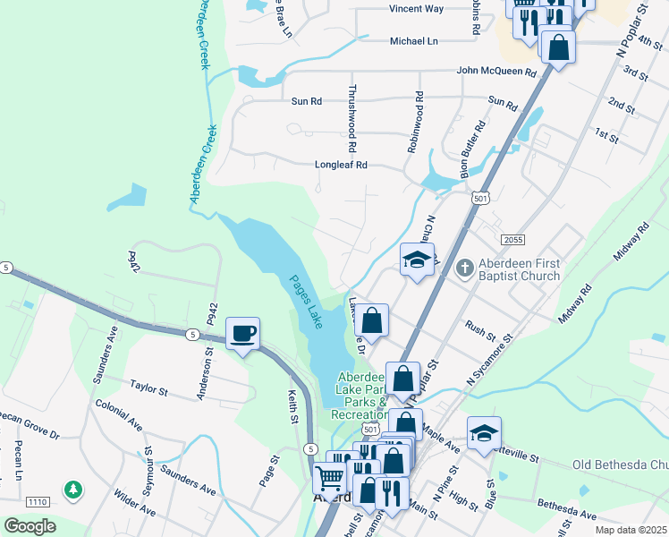 map of restaurants, bars, coffee shops, grocery stores, and more near 503 Thomas Avenue in Aberdeen