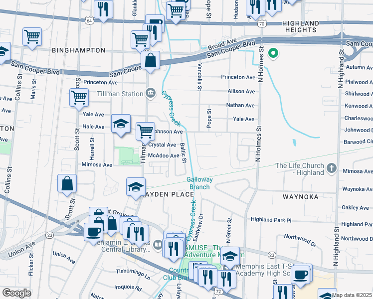 map of restaurants, bars, coffee shops, grocery stores, and more near 300 Baltic Street in Memphis