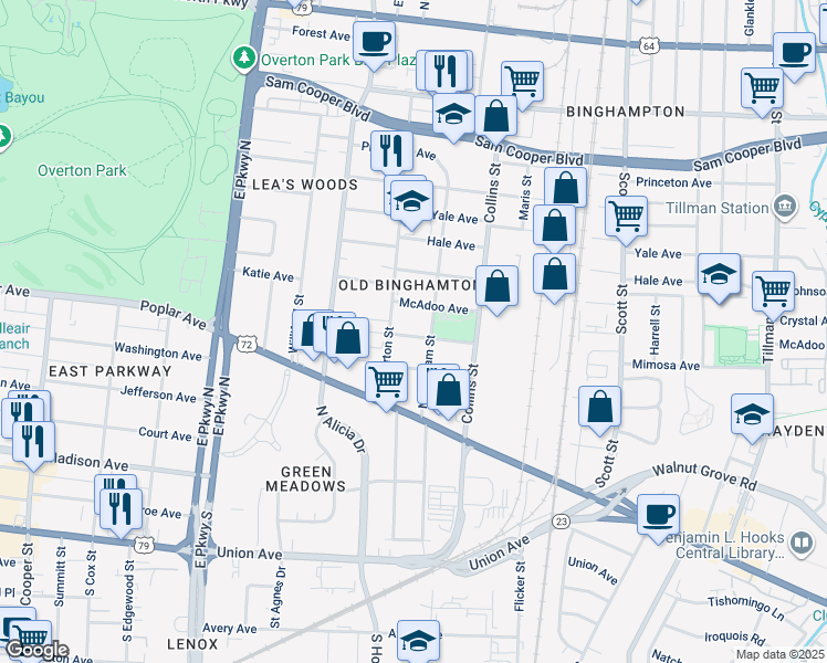 map of restaurants, bars, coffee shops, grocery stores, and more near 2532 Everett Avenue in Memphis