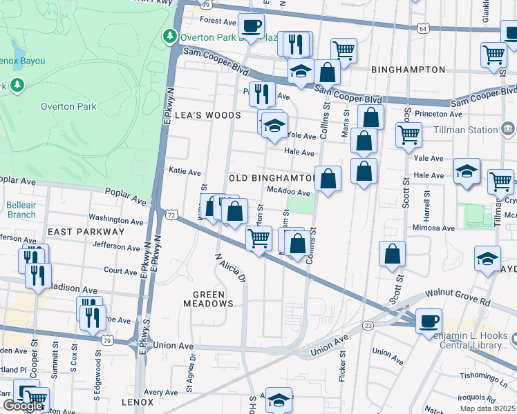 map of restaurants, bars, coffee shops, grocery stores, and more near 2532 Everett Avenue in Memphis