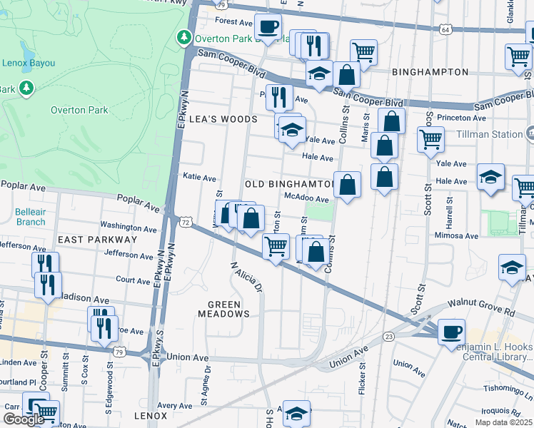 map of restaurants, bars, coffee shops, grocery stores, and more near 199 North Merton Street in Memphis