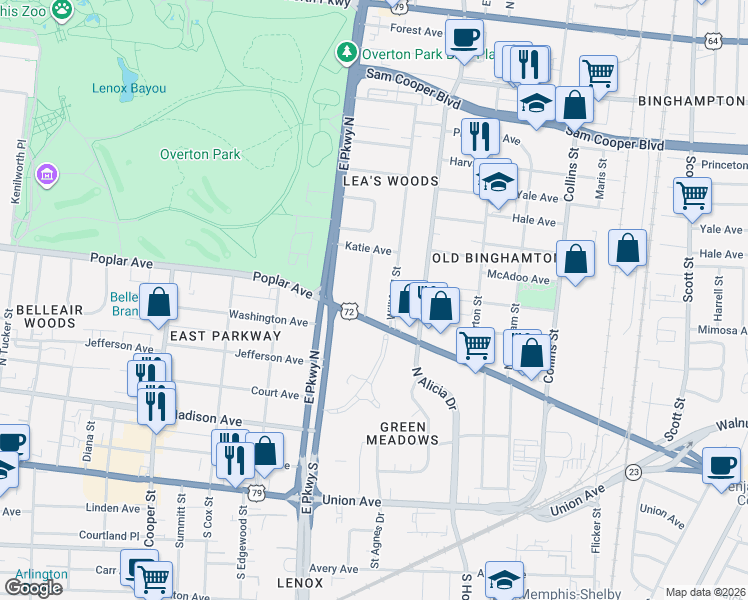 map of restaurants, bars, coffee shops, grocery stores, and more near 175 Williford Street in Memphis