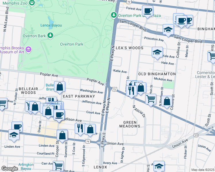 map of restaurants, bars, coffee shops, grocery stores, and more near 159 East Parkway North in Memphis