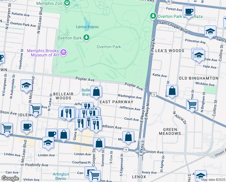 map of restaurants, bars, coffee shops, grocery stores, and more near 2180 Washington Avenue in Memphis