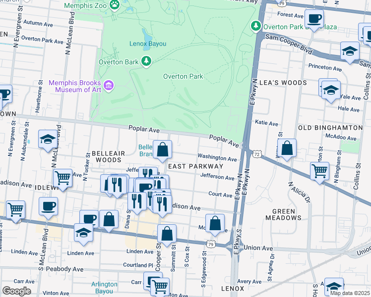 map of restaurants, bars, coffee shops, grocery stores, and more near 2180 Washington Avenue in Memphis